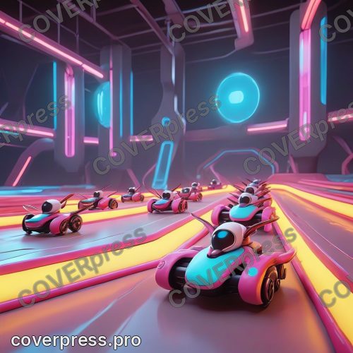 В стиле 3D-Мультфильм: на стартовой линии футуристической трассы для гонок дронов выстроились три миниатюрных