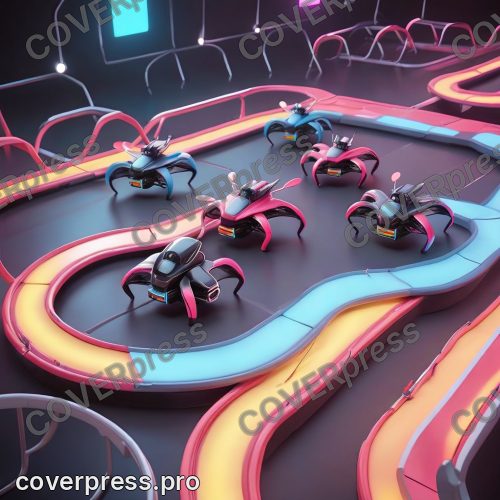 В стиле 3D-Мультфильм: на стартовой линии футуристической трассы для гонок дронов выстроились три миниатюрных