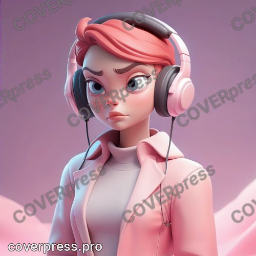 В стиле 3D-Мультфильм: наушники-гигант на подиуме, вокруг парят ноты