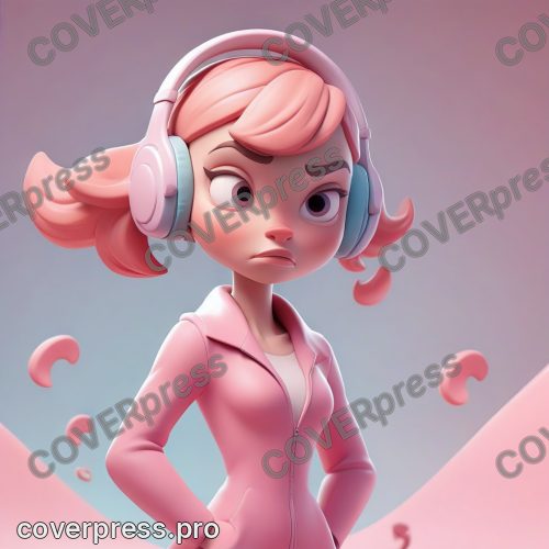 В стиле 3D-Мультфильм: наушники-гигант на подиуме, вокруг парят ноты