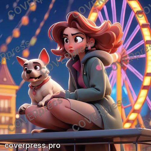 В стиле 3D-Мультфильм: ночной свет. Одна из гондол колеса обозрения находится в верхней точке