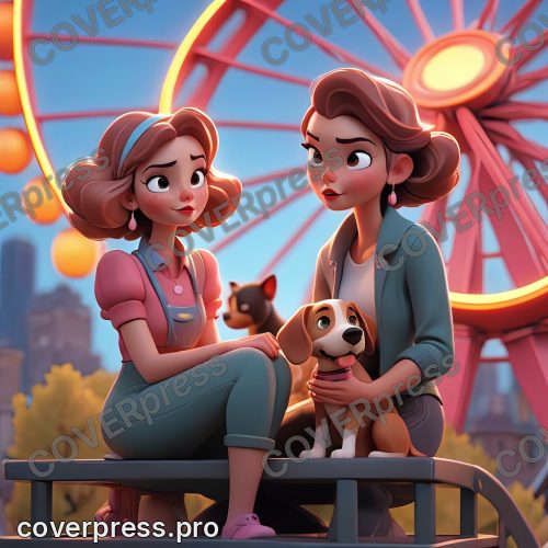 В стиле 3D-Мультфильм: ночной свет. Одна из гондол колеса обозрения находится в верхней точке