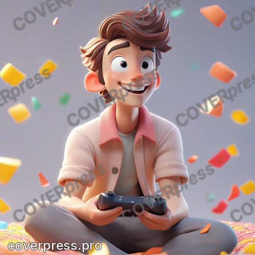 В стиле 3D-Мультфильм: персонаж с геймпадом ликует, конфетти
