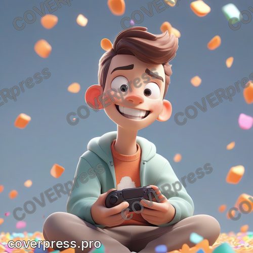 В стиле 3D-Мультфильм: персонаж с геймпадом ликует, конфетти