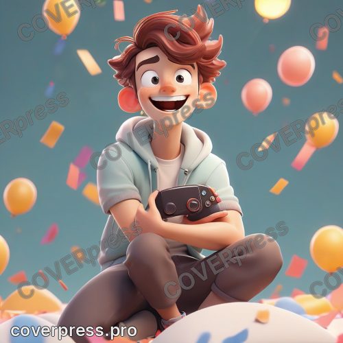 В стиле 3D-Мультфильм: персонаж с геймпадом ликует, конфетти