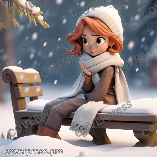 В стиле 3D-Мультфильм: первый снег. Тонкий слой белого покрывала укрывает землю и скамейку