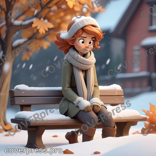 В стиле 3D-Мультфильм: первый снег. Тонкий слой белого покрывала укрывает землю и скамейку