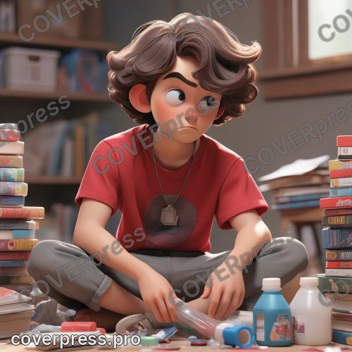 В стиле 3D-Мультфильм: подросток, одетый в домашнюю футболку, сидит на полу, окруженный горой книг и материалов