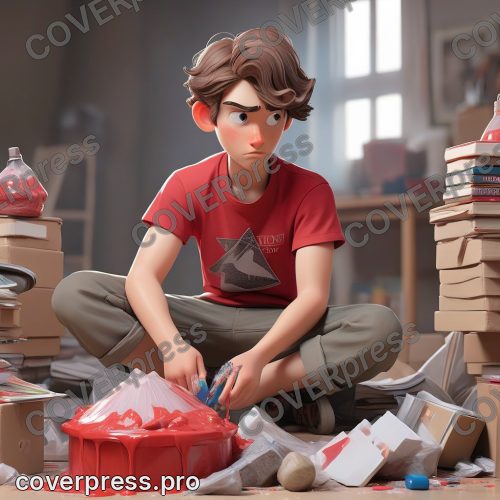 В стиле 3D-Мультфильм: подросток, одетый в домашнюю футболку, сидит на полу, окруженный горой книг и материалов
