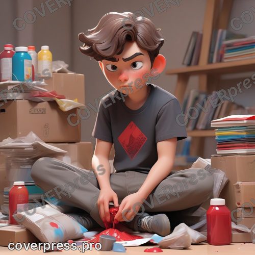 В стиле 3D-Мультфильм: подросток, одетый в домашнюю футболку, сидит на полу, окруженный горой книг и материалов