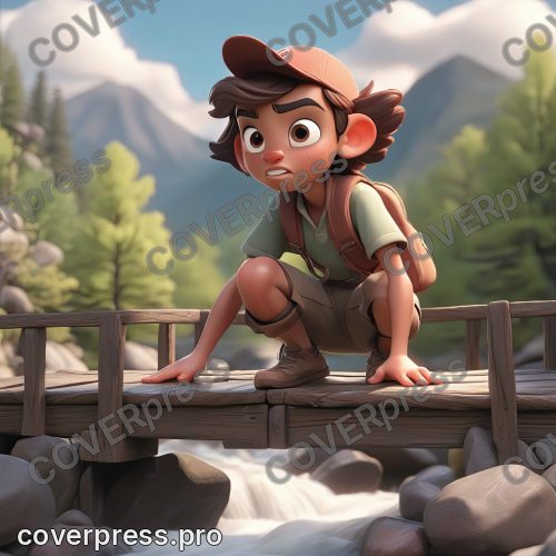 В стиле 3D-Мультфильм: подросток осторожно ступает по старому, шаткому деревянному мосту, перекинутому через