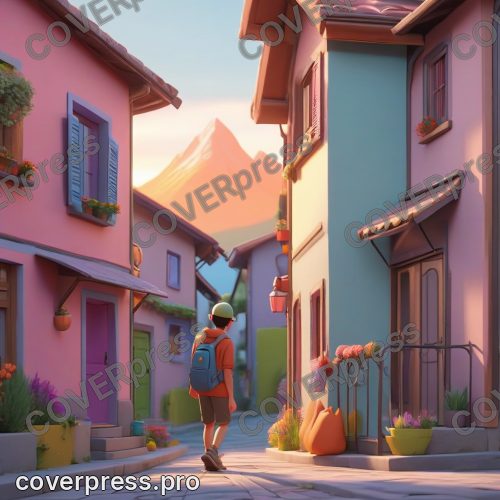 В стиле 3D-Мультфильм: подросток с рюкзаком, но уже без кепки, идёт по узкой улочке этого горного города