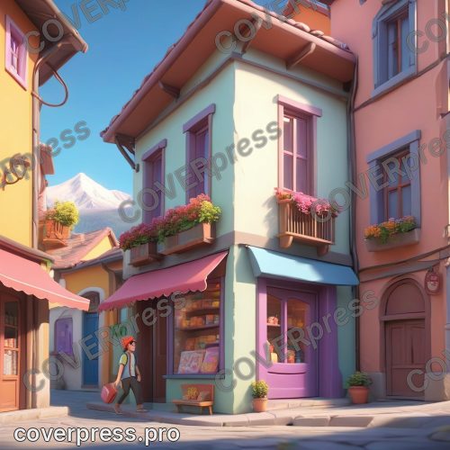 В стиле 3D-Мультфильм: подросток с рюкзаком, но уже без кепки, идёт по узкой улочке этого горного города
