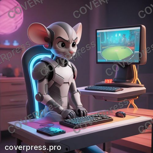 В стиле 3D-Мультфильм: полностью собранный игровой стол с монитором, системным блоком, клавиатурой и мышью