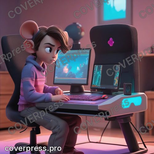В стиле 3D-Мультфильм: полностью собранный игровой стол с монитором, системным блоком, клавиатурой и мышью