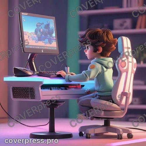 В стиле 3D-Мультфильм: полностью собранный игровой стол с монитором, системным блоком, клавиатурой и мышью