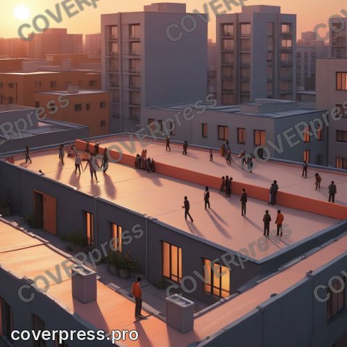 В стиле 3D-Мультфильм: пустая, графитовая крыша многоэтажного здания на закате