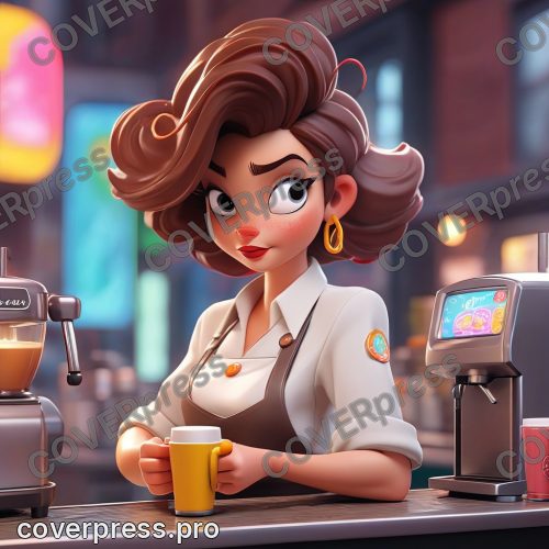 В стиле 3D-Мультфильм: рука бариста (частично видна, в стильной униформе) нажимает кнопку, и неоновая вывеска