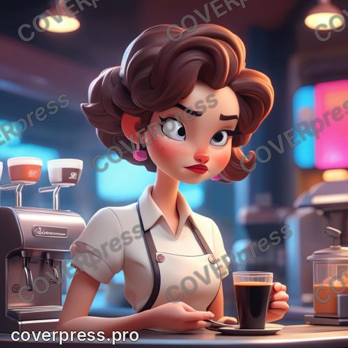 В стиле 3D-Мультфильм: рука бариста (частично видна, в стильной униформе) нажимает кнопку, и неоновая вывеска