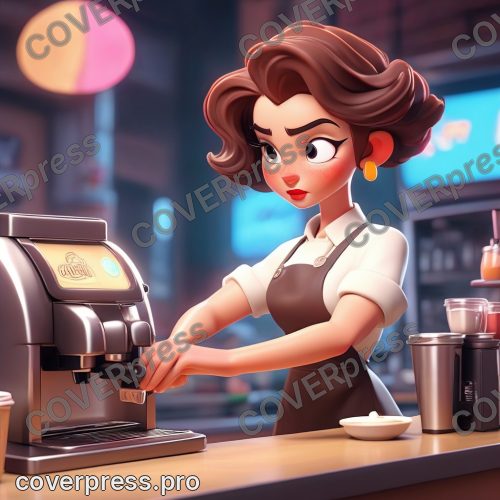 В стиле 3D-Мультфильм: рука бариста (частично видна, в стильной униформе) нажимает кнопку, и неоновая вывеска
