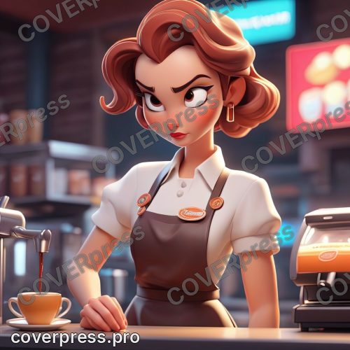 В стиле 3D-Мультфильм: рука бариста (частично видна, в стильной униформе) нажимает кнопку, и неоновая вывеска