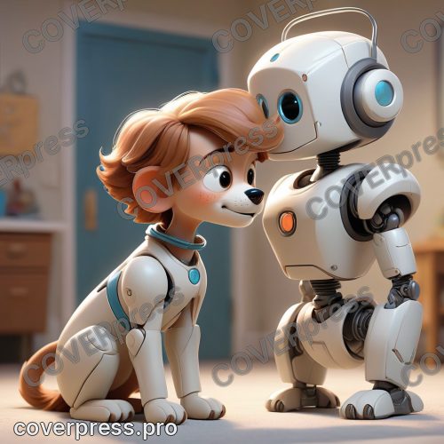 В стиле 3D-Мультфильм: щенок-робот сидит на задних лапах, аккуратно сложив передние, и смотрит на мальчика