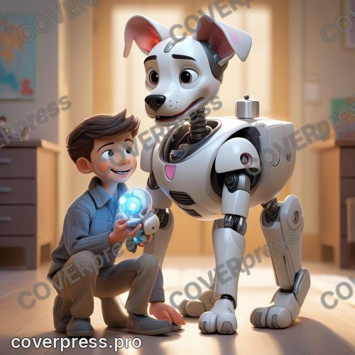 В стиле 3D-Мультфильм: щенок-робот сидит на задних лапах, аккуратно сложив передние, и смотрит на мальчика