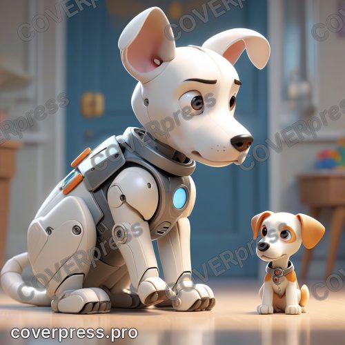 В стиле 3D-Мультфильм: щенок-робот сидит на задних лапах, аккуратно сложив передние, и смотрит на мальчика