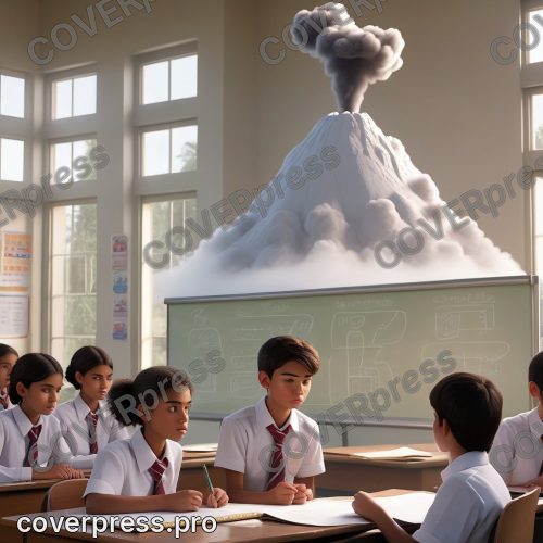 В стиле 3D-Мультфильм: школьный класс. Подросток, теперь уже в школьной форме, стоит у доски, рядом с большим