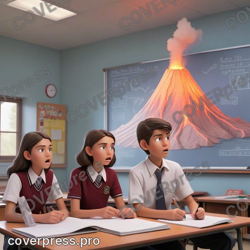 В стиле 3D-Мультфильм: школьный класс. Подросток, теперь уже в школьной форме, стоит у доски, рядом с большим