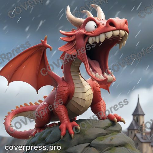 В стиле 3D-Мультфильм: сильный порыв ветра внезапно ударяет дракончика, его крылья складываются, он теряет