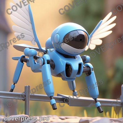 В стиле 3D-Мультфильм: синий дрон, находящийся в опасной близости от металлического барьера, едва не врезается
