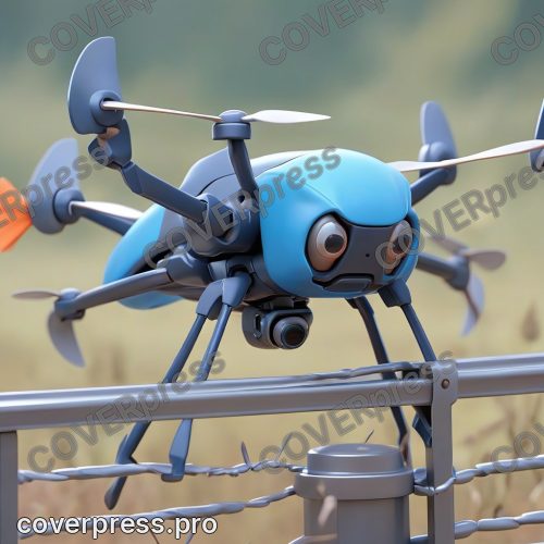 В стиле 3D-Мультфильм: синий дрон, находящийся в опасной близости от металлического барьера, едва не врезается