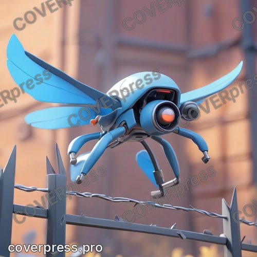 В стиле 3D-Мультфильм: синий дрон, находящийся в опасной близости от металлического барьера, едва не врезается