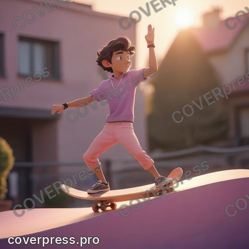 В стиле 3D-Мультфильм: скейтер, после успешного приземления, стоит на скейтборде на самой вершине рампы, подняв