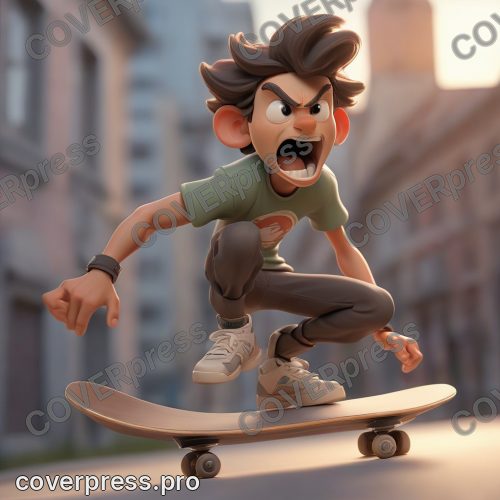 В стиле 3D-Мультфильм: скейтер, сосредоточенный, отталкивается ногой, набирая скорость