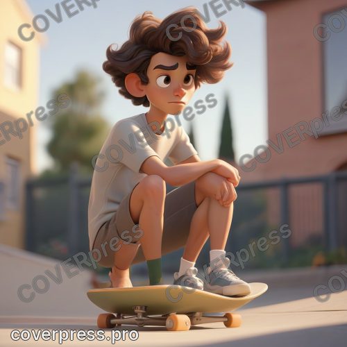 В стиле 3D-Мультфильм: скейтер, упавший на рампу, быстро поднимается, потирает ушибленное колено