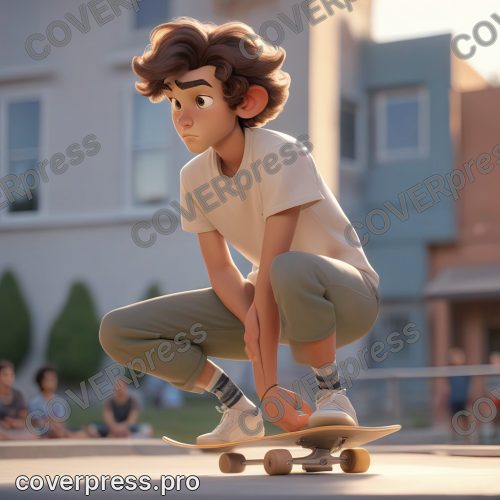 В стиле 3D-Мультфильм: скейтер, упавший на рампу, быстро поднимается, потирает ушибленное колено