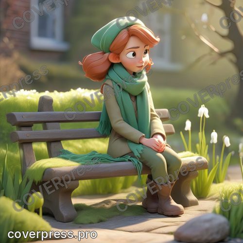 В стиле 3D-Мультфильм: та же скамейка, но теперь вокруг неё пробиваются первые нежные ростки зелени