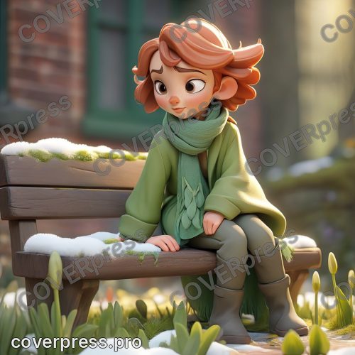 В стиле 3D-Мультфильм: та же скамейка, но теперь вокруг неё пробиваются первые нежные ростки зелени
