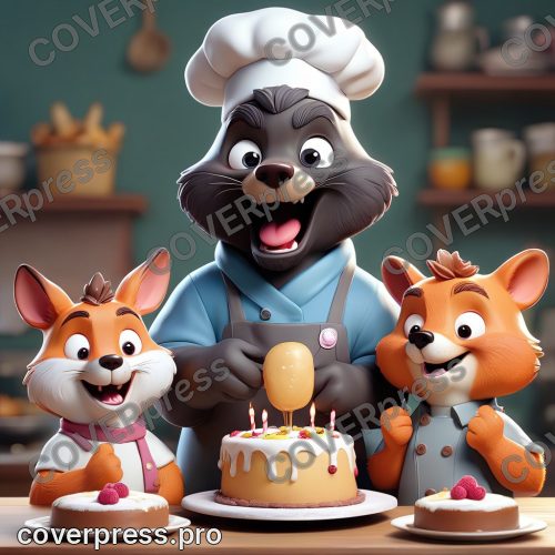 В стиле 3D-Мультфильм: три судьи-маскота (например, антропоморфные животные-шеф-повара: лис в колпаке, медведь