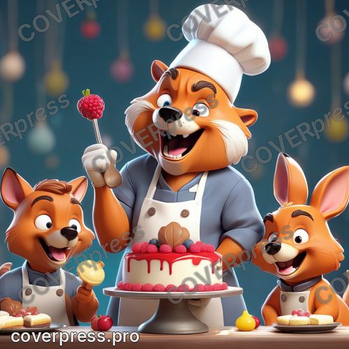 В стиле 3D-Мультфильм: три судьи-маскота (например, антропоморфные животные-шеф-повара: лис в колпаке, медведь