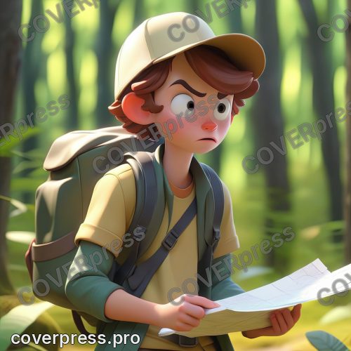 В стиле 3D-Мультфильм: турист-подросток с рюкзаком, в яркой кепке, стоит на распутье двух лесных троп