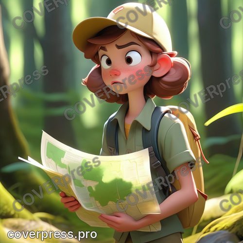 В стиле 3D-Мультфильм: турист-подросток с рюкзаком, в яркой кепке, стоит на распутье двух лесных троп