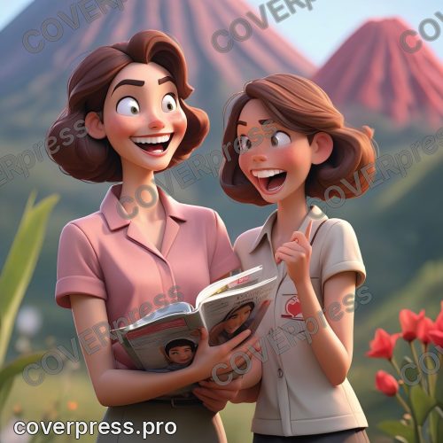 В стиле 3D-Мультфильм: учительница, женщина средних лет с добрым лицом, улыбается и аплодирует, стоя рядом