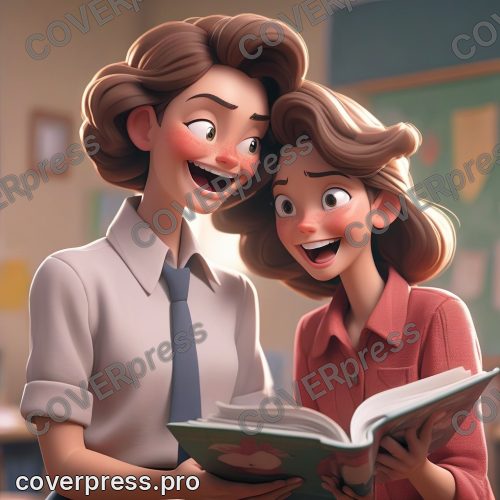 В стиле 3D-Мультфильм: учительница, женщина средних лет с добрым лицом, улыбается и аплодирует, стоя рядом