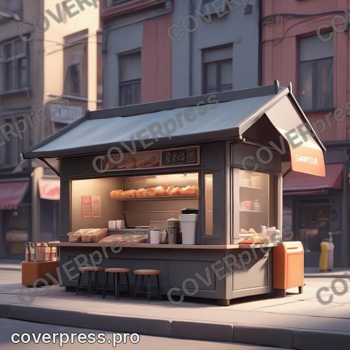В стиле 3D-Мультфильм: узкий, тёмный, ещё закрытый кофе-ларёк с откидной витриной в стиле стрит-фуд