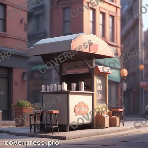 В стиле 3D-Мультфильм: узкий, тёмный, ещё закрытый кофе-ларёк с откидной витриной в стиле стрит-фуд
