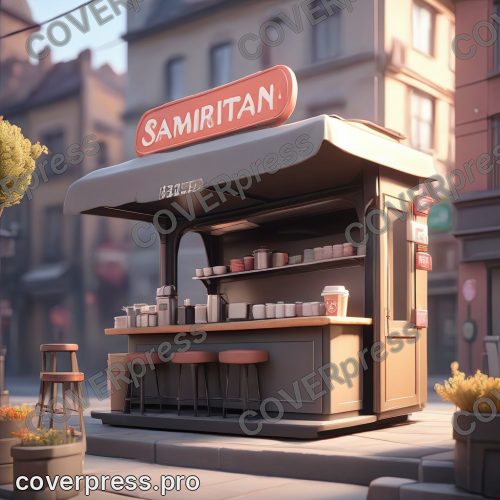 В стиле 3D-Мультфильм: узкий, тёмный, ещё закрытый кофе-ларёк с откидной витриной в стиле стрит-фуд