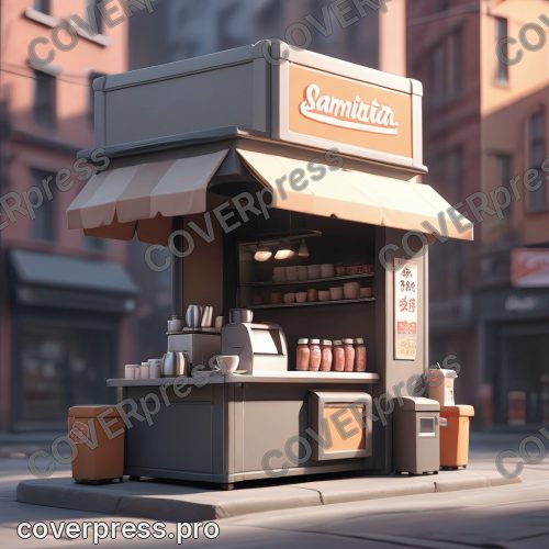 В стиле 3D-Мультфильм: узкий, тёмный, ещё закрытый кофе-ларёк с откидной витриной в стиле стрит-фуд